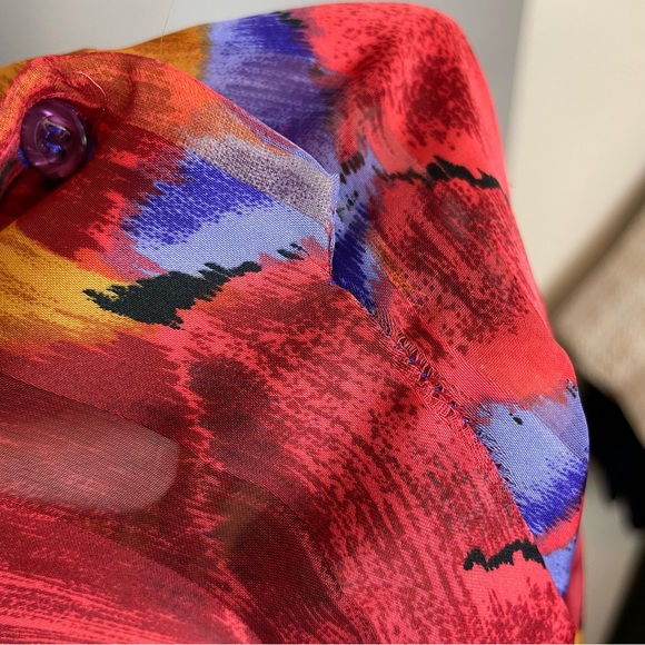 Vintage Floral Blouse Sheer Stripe Vibrant Colors Rolled Collar Eclectic Pleats - Picture 6 of 16